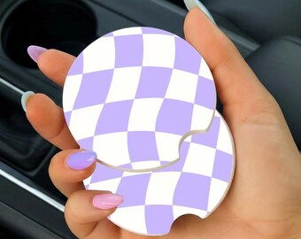 Posavasos para coche con estampado de cuadros morados, posavasos para coche por sublimación, paquete de 2, accesorios para coche