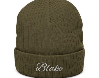 Script Name Embroidered Beanie | Ribbed Knit Cuff Hat