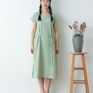 Clearance Summer Dress Cotton Dress Short Sleeves Midi Dress Linen A-line Ties Dress Soft Homewear