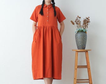 Summer Dress Cotton Dress Casual Loose Tunics Short Sleeves Midi Dress Custom Plus Size Dress Linen A-line Dress Soft Loungewear Homewear