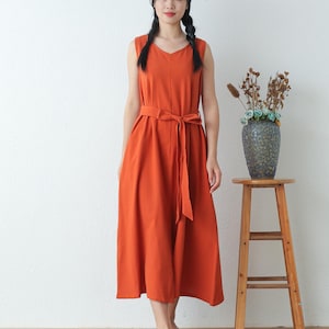 Clearance Summer Dress V-neck Cotton Dress Sleeveless Midi Dress Ties Sundress A-line Dress Soft Homewear
