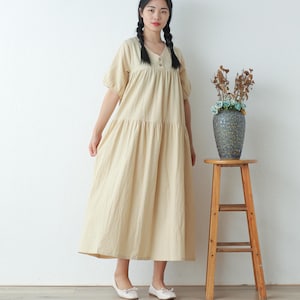 Summer Dress Cotton Dress Casual Loose Tunics Short Sleeves Midi Dress Custom Plus Size Dress Linen A-line Dress Soft Loungewear Homewear
