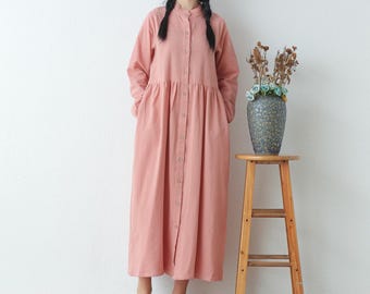 Summer Dress Cotton Dress Casual Loose Tunics Long Sleeves Midi Dress Custom Plus Size Dress Linen A-line Dress Soft Loungewear Homewear