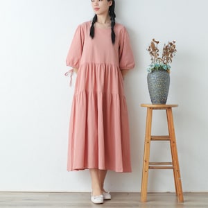 Summer Dress Cotton Dress Casual Loose Tunics Half Sleeves Midi Dress Custom Plus Size Dress Linen A-line Dress Soft Loungewear Homewear