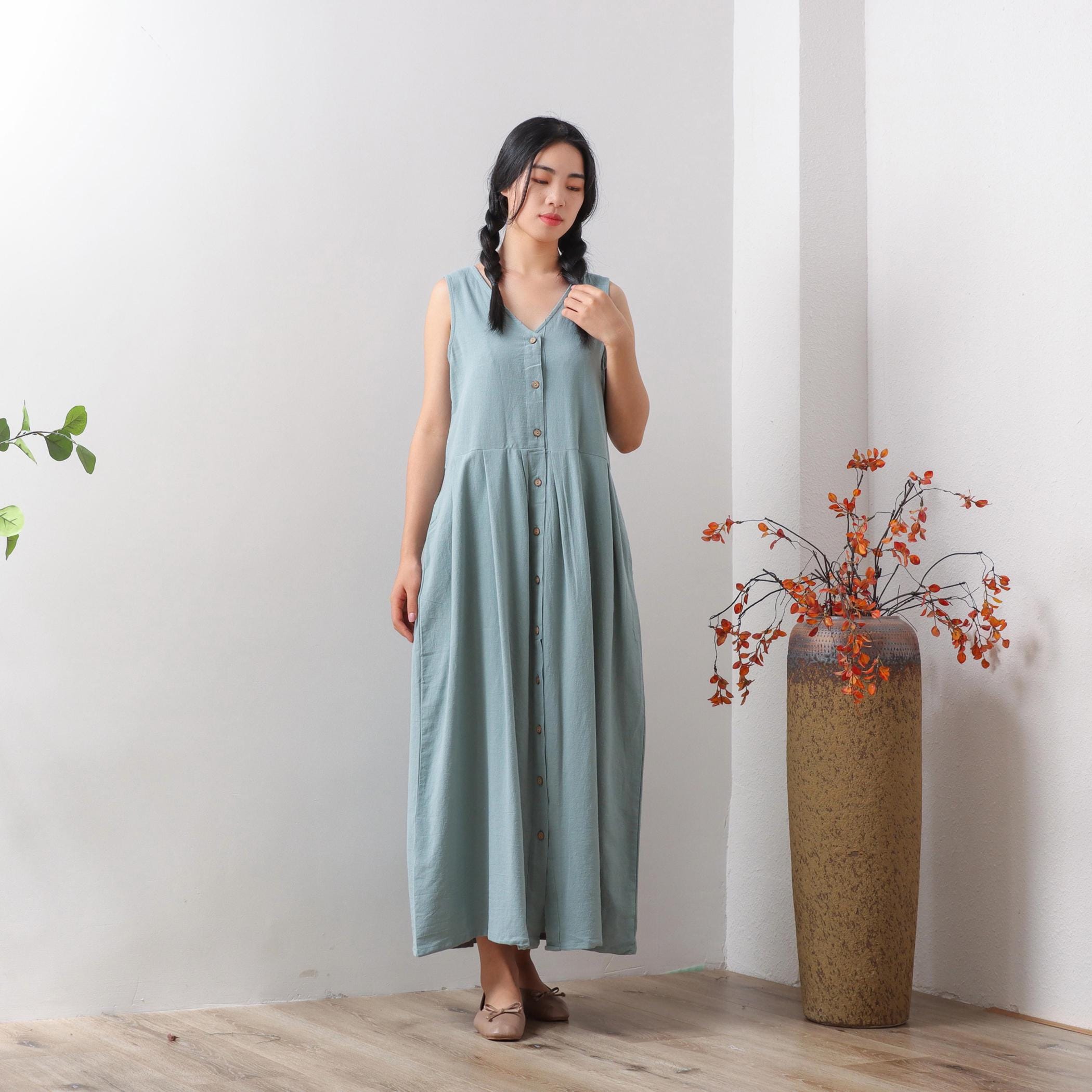 Summer Dress Cotton Dress Casual Loose Tunics Sleeveless Midi Dress Custom Plus Size Dress Linen A-line Dress Soft Loungewear Homewear