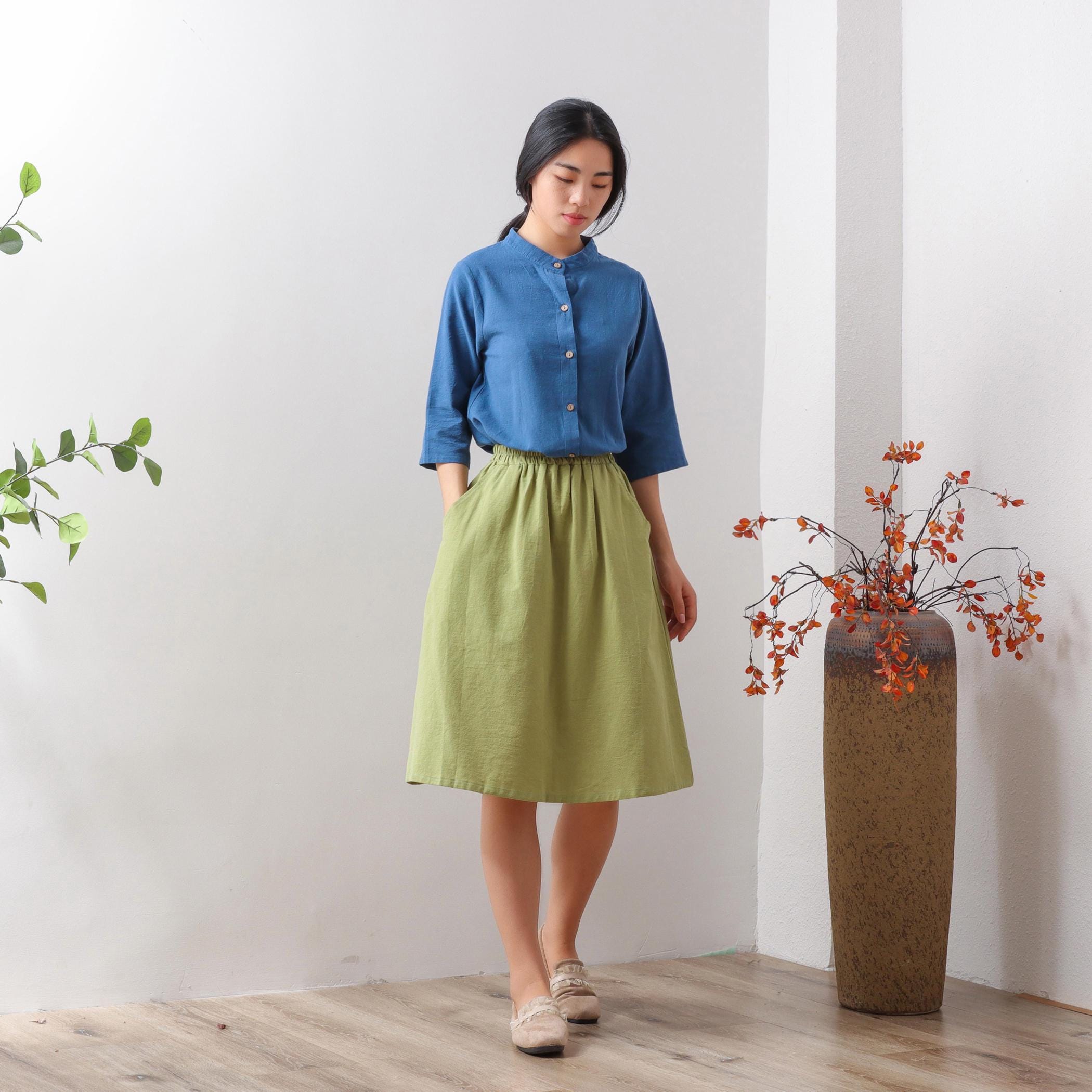 Summer Cotton Skirts A-line Pleated Elastic Waist Skirt Flared Mini Skirts Customized Plus Size Skirt Boho Linen Skirt