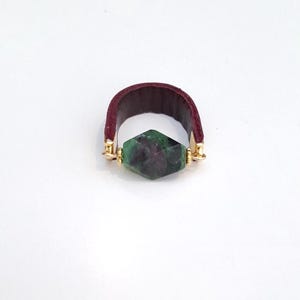 Ruby Zoisite and Plum - Leather and gold Statement ring by Amma Gyan