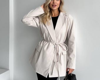 Damen Woll-Blazer-Jacke | Eleganter Kaschmir-Blazer mit Futter | Strukturierter Oversized Blazer | Klassische Bürobekleidung | Schicker Wollmantel