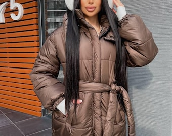 Women’s Winter Puffer Coat | Warm Long Down Jacket with Belt and Hood | Waterproof Windproof Outerwear | Cozy Winter Parka