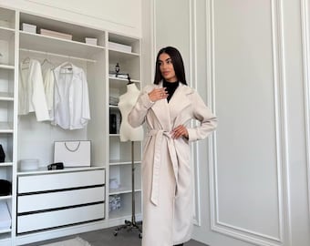 Women's Cashmere Long Coat | Belted Wrap Overcoat | Elegant Winter Outerwear | Soft Wool Cashmere Trench Style | Classic Chic Jacket