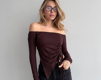 Off Shoulder Women’s Top | Elegant Long Sleeve Shirt | Asymmetrical Ruched Viscose Blouse |  Stretchy Fitted Top | Minimalist Chic Style