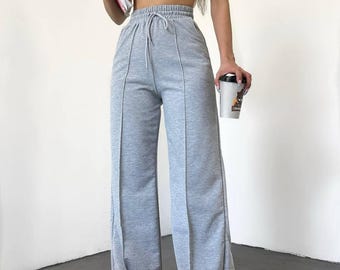 Pantalones deportivos de cintura alta y pierna ancha / Pantalones de descanso de corte holgado para mujer / Tejido de punto doble suave / Ropa informal cómoda