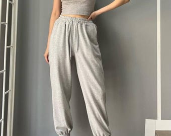 Women Jogger Pants | High Waist Sweatpants with Elastic Cuffs | Soft Cotton Two Thread Fabric | Casual Streetwear Style