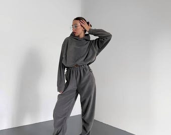 Conjunto de dos piezas de polar para mujer / Chándal de polar de doble cara / Ropa de estar por casa cómoda / Conjunto cálido para otoño e invierno / Colores de moda