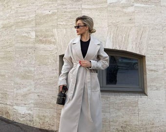 Minimalist Cashmere Elegance: Long Coat for Women | Warm Wool-Blend Outerwear | Minimalist Cashmere Long Coat | Women Cashmere Coat