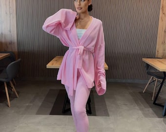 Women's Knit Lounge Set | Long Cardigan & High-Waist Leggings Set | Cozy Loungewear Outfit | Winter Knit Matching Set