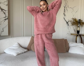 Women's Fuzzy Pajama Set | Teddy Fleece Loungewear | Soft Warm Sleepwear | Cozy Winter Home Set | Plush Two-Piece PJs