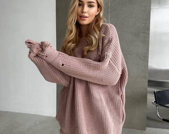 Maglione oversize in maglia effetto consumato / Pullover ampio da donna / Maglione in misto lana con dettagli strappati / Top in maglia grossa alla moda