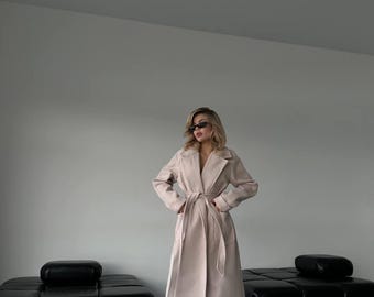 Women’s Long Cashmere Coat | Elegant Belted Overcoat with Lining and Pockets | Classic Winter Outerwear | Long Overcoat Women