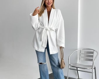 Fuzzy Knit Cardigan for Women | Soft Coat with Belt | Cozy Fall Winter Cardigan | Warm Knitwear Layer | Chic Casual Outfit