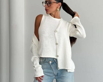 Elegantes Strick-Set für Damen | Weiche Baumwolle Acryl Strickjacke und Top | Gemütliches Zweiteiler-Outfit | Minimalistischer femininer Stil