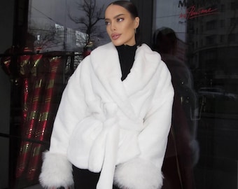 Womens Faux Fur Coat with Insulation | Oversized Winter Jacket with Belt | Luxury Warm Eco Fur Outerwear