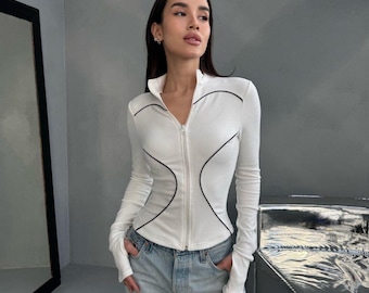 Frauen Zip Up Langarm Top | tailliertes Strick Longsleeve | Lässiges Alltags Top | Stretch Slim Fit Shirt | Moderner minimalistischer Stil