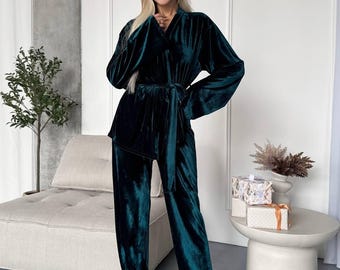Conjunto de terciopelo para mujer / Conjunto acogedor de dos piezas con top y pantalón holgados / Conjunto de ropa de casa informal y suave