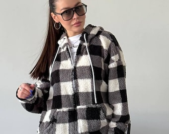Plaid Zip Up Hoodie for Women | Warm Fleece Jacket with Hood | Soft Oversized Checkered Sweatshirt | Cozy Winter Streetwear