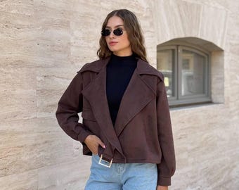 Chaqueta de ante para mujer / Abrigo de ante sintético suave / Abrigo ligero de otoño / Ropa urbana minimalista / Chaqueta informal elegante