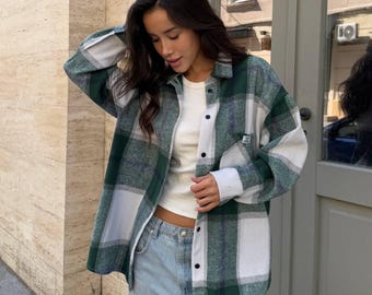 Damen Kariertes Flanellhemd | Kariertes Überhemd aus weicher, gebürsteter Baumwolle | Gemütliches Button-Up shacket für Herbst & Winter | Weiches Button-Down-Shirt
