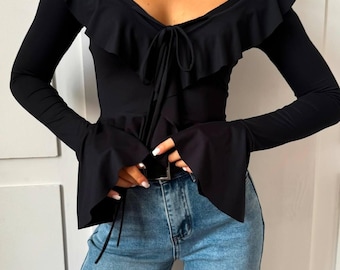 Blusa ajustada de manga larga para mujer / Blusa suave y elástica / Camiseta básica elegante / Top ajustado / Conjunto minimalista de otoño