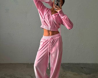 Conjunto de chándal de terciopelo para mujer / Conjunto de dos piezas de terciopelo suave / Sudadera con capucha y pantalones de cintura alta / Ropa de estar cómoda a la moda