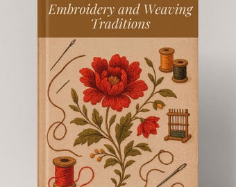 Puede incluir: Una portada de libro con el título "Embroidery and Weaving Traditions" de Mrs. Archibald H. Christie. La portada presenta una flor roja con hojas verdes, un carrete de hilo, una aguja y un pequeño telar.