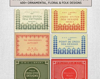 Colección de patrones de punto de cruz, más de 400 diseños vintage DMC, motivos Art Nouveau, bordes florales, bordado folclórico en formato PDF.