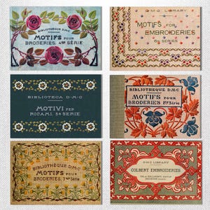 Può includere: Una collezione di libri antichi di modelli di ricamo. Le copertine presentano disegni floreali, bordi ornati e testo in inglese e francese. La tavolozza dei colori comprende blu, verdi, rossi e crema, con titoli come "Motifs for Embroideries" e "Motifs pour Broderies."