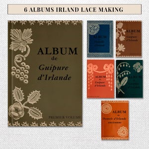 May include: A collection of six albums on Irish lace making. The covers are in various colors, including brown, blue, orange, and green, with decorative lace designs and the text "ALBUM de Guipure d'Irlande" and "ALBUM de Dentelle d'Irlande ancienne".
