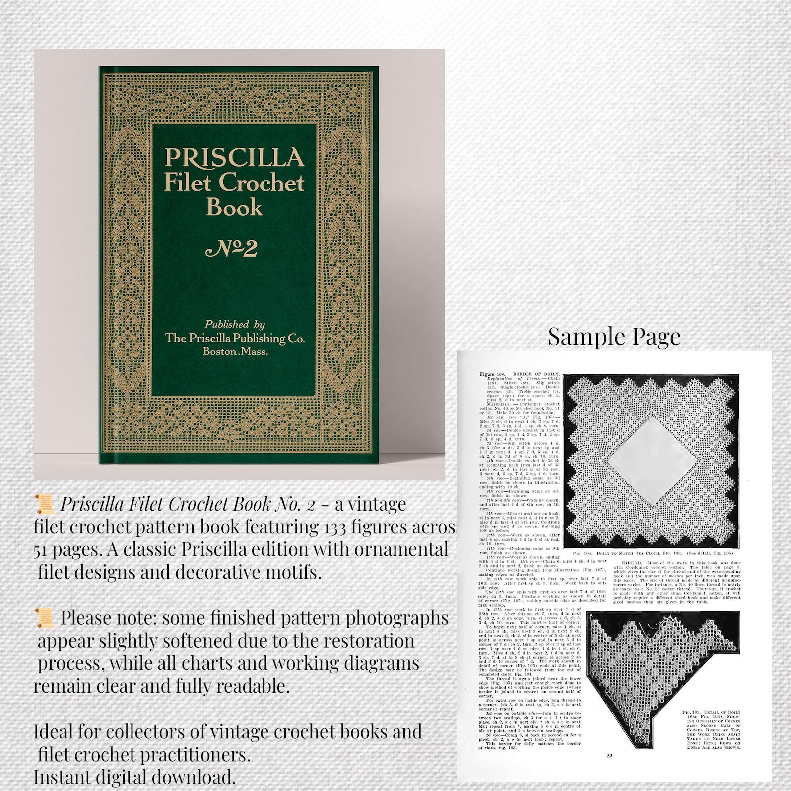Vintage Filet Crochet Library – 5 Books PDF Set, Priscilla & DMC Lace ...