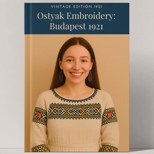 May include: A book cover with the title "Ostyak Embroidery: Budapest 1921" and a vintage edition label. The cover shows a woman in a beige sweater with colourful geometric embroidery. The woman is smiling and wearing earrings.