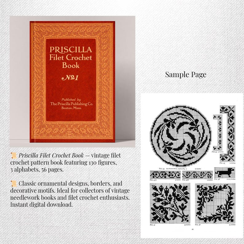 Vintage Filet Crochet Library – 5 Books PDF Set, Priscilla & DMC Lace ...