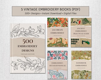 5 Vintage Embroidery Books (PDF) – 500+ Designs, Instant Download, Digital Collection
