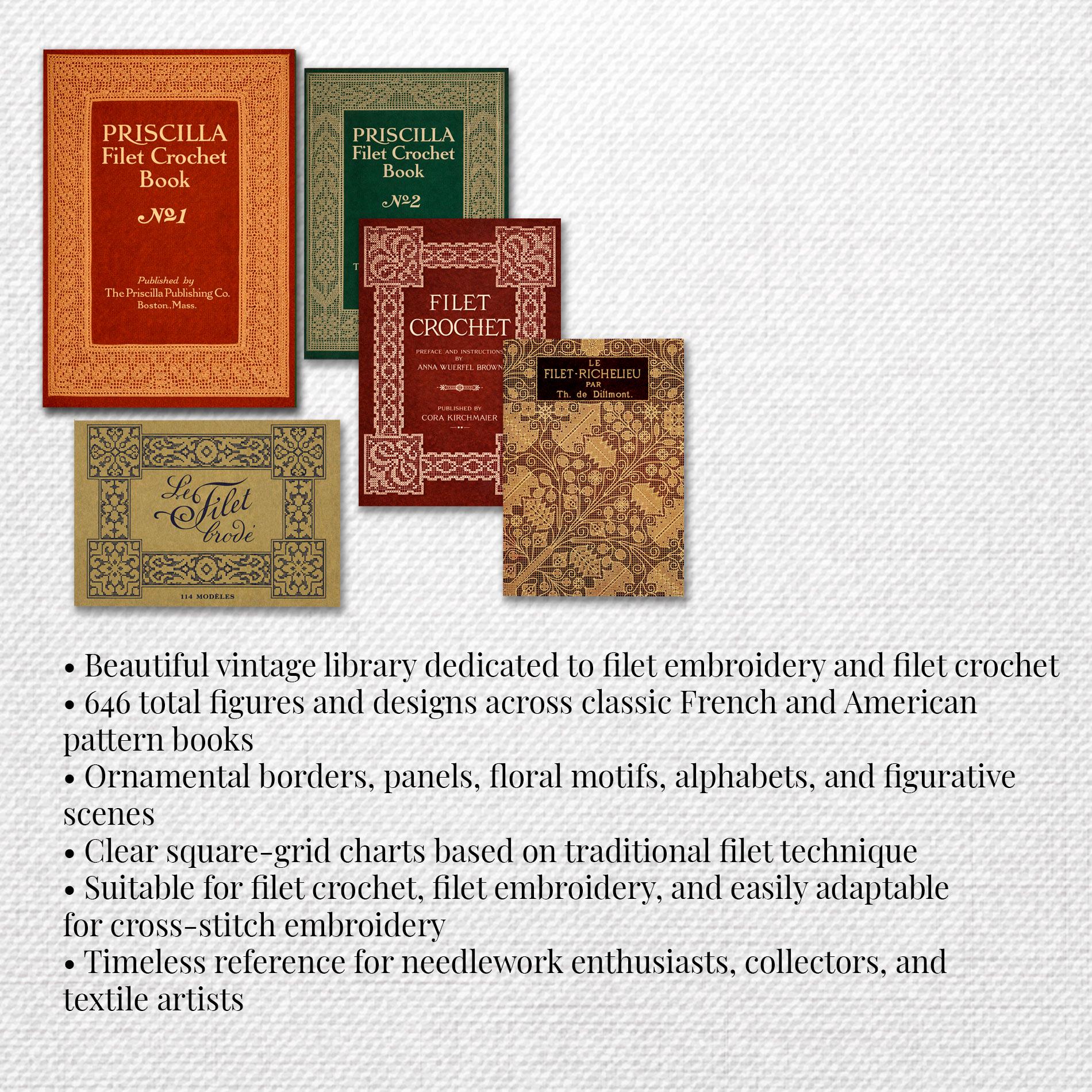 Vintage Filet Crochet Library – 5 Books PDF Set, Priscilla & DMC Lace ...