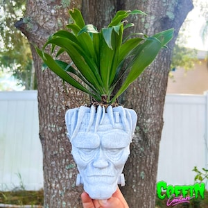 May include: A white ceramic planter shaped like Frankenstein's head with a green plant growing out of the top. The planter is a 3D printed design and has a textured surface.