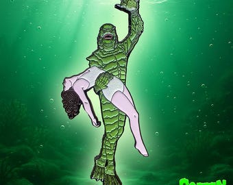 Lagoon Love – Creature from the Black Lagoon Enamel Pin – 4” Oversized Glitter Horror Pin with UV Detail, Classic Monster Collectible