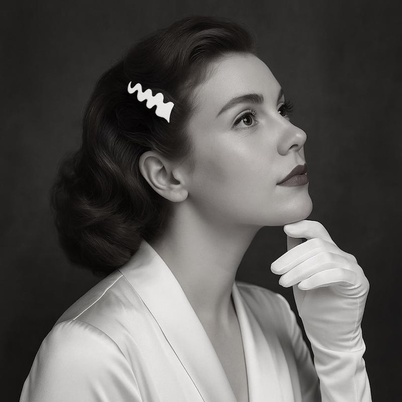 May include: A black and white image of a woman with dark hair styled in waves, wearing a white satin robe and white gloves. A white, wavy hair clip adorns her hair. The woman is looking up, with her chin resting on her gloved hand.