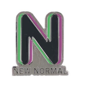 May include: A silver-colored pin featuring a large, stylized letter "N" with a black center and green and purple outlines. The words "NEW NORMAL" are at the bottom of the pin in capital letters.