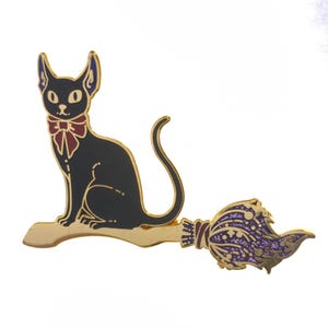 Witches Black Delivery Cat with Bow on Broomstick Enamel Lapel Pin