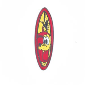 May include: A red and yellow surfboard-shaped pin featuring a cartoon dog with a red hat and a yellow tongue. The pin has a black outline and is set against a white background.