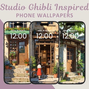 May include: Three phone wallpapers inspired by Studio Ghibli films. Each wallpaper features a different storefront with a clock displaying 12:00, surrounded by lush greenery and flowers.