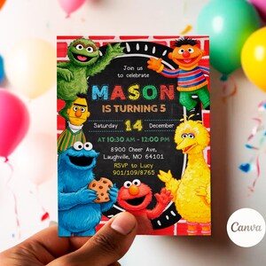 May include: A colorful birthday invitation featuring Sesame Street characters. The invitation includes the text "MASON IS TURNING 5" and event details. The design incorporates a chalkboard-style background with a red brick border.